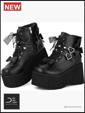 Goth Platform Ankle Boots Round Toe Wedge Chunky High Heels Lace Up Zipper